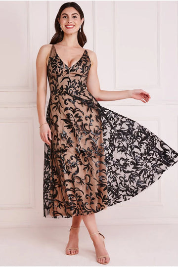 Sequin Mesh V-Neck Flared Skirt Midi Goddiva